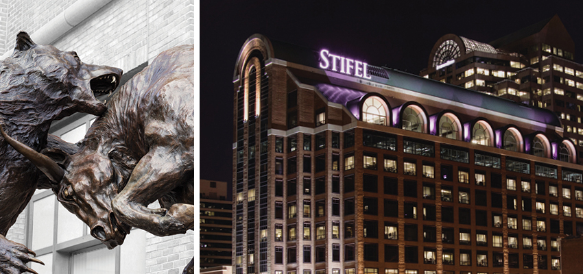 Stifel's Bull and Bear Statue and downtown St. Louis, Missouri with Gateway Arch National Monument