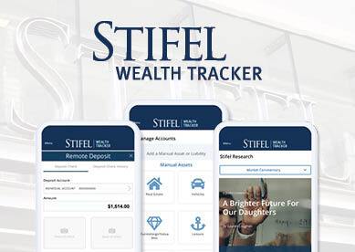 3 phones with different images from Stifel Wealth Tracker sit in the middle of the image, the background is the Stifel logo outside of the Washington Avenue entrance to the St. Louis Headquarters; Stifel Wealth Tracker